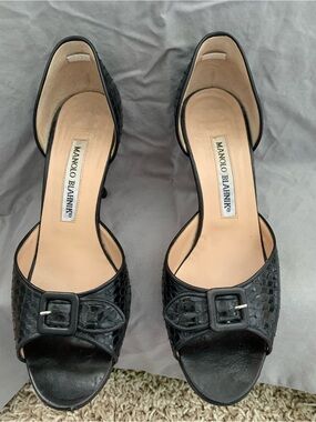 Manolo Blahnik Black Croc-Embossed Open-Toe Heels